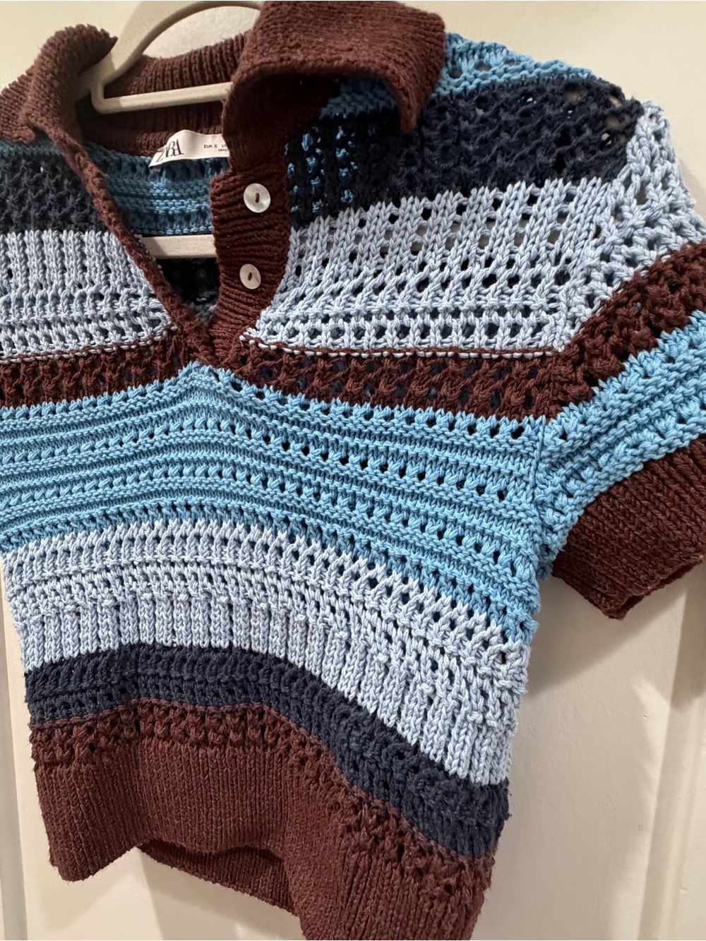 Zara Brown and Light Blue Striped Crochet Polo Top - Picture 3 of 4